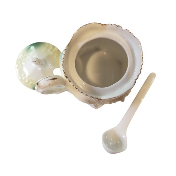 Antique Prussia China Small Pot Lid Spoon Prussian Sugar Bowl Jam Pot Gold Trim - Picture 4 of 6